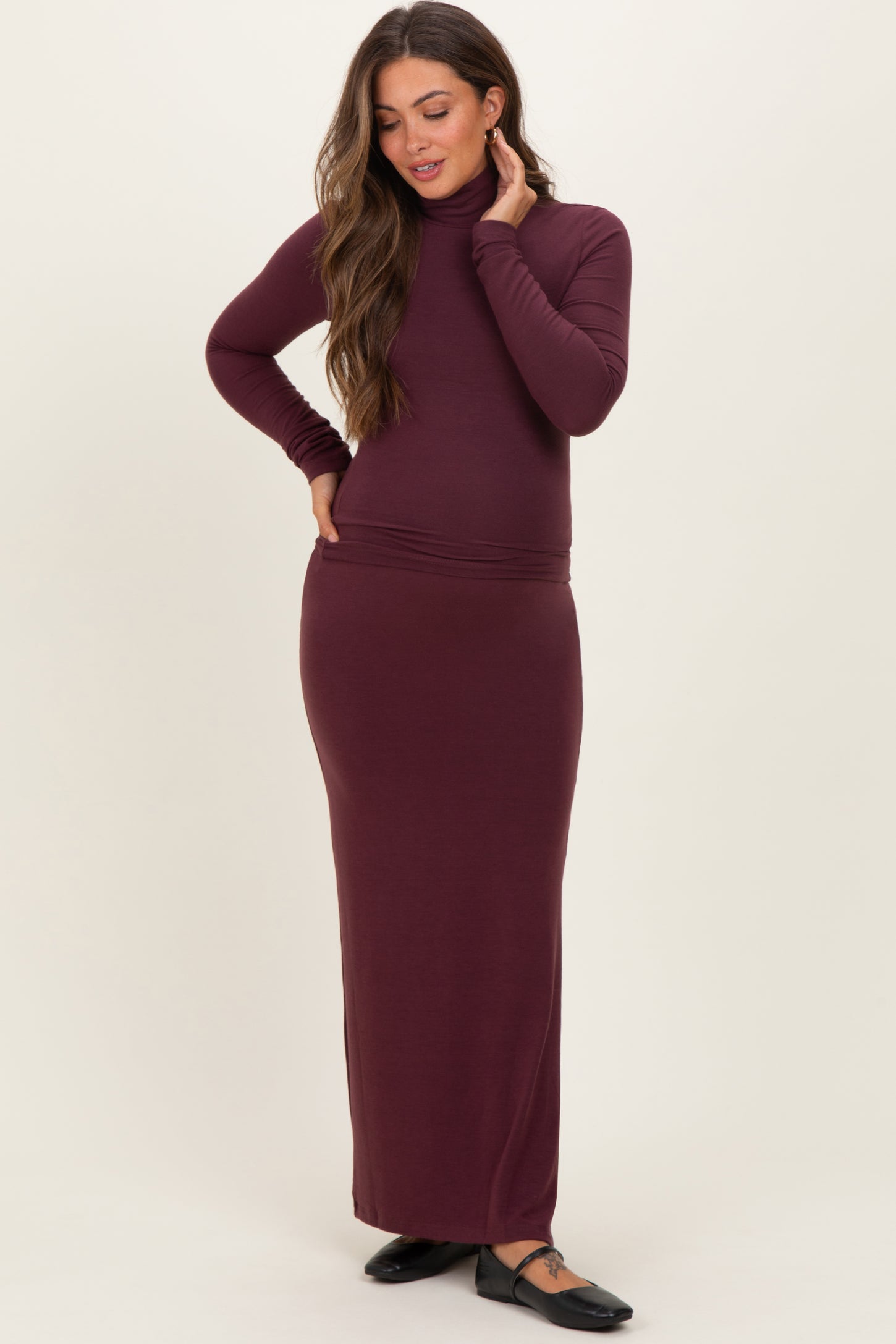 Burgundy Turtleneck Top Maxi Skirt Maternity Set