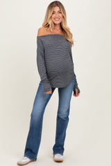 Black Striped Boat Neck Long Sleeve Maternity Top