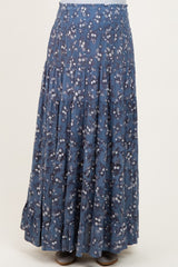 Blue Floral Smocked Waist Tiered Maternity Maxi Skirt