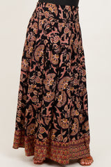 Black Paisley Smocked Waist Tiered Maternity Maxi Skirt