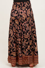 Black Paisley Smocked Waist Tiered Maternity Maxi Skirt