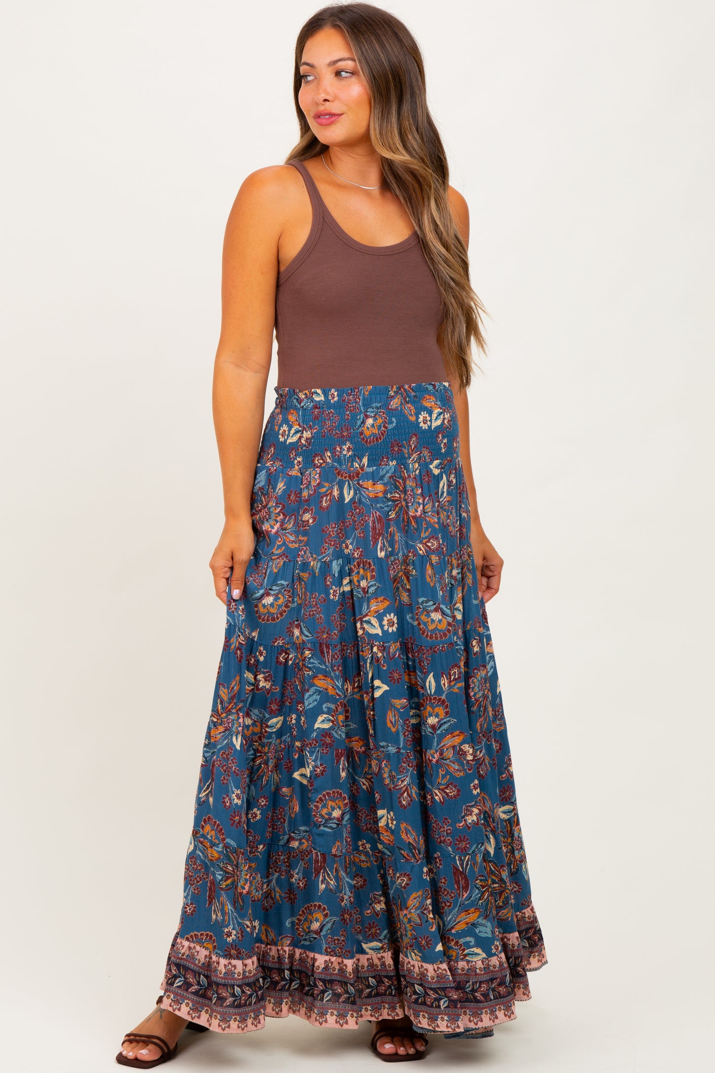 Dark Teal Smocked Waist Tiered Maternity Maxi Skirt