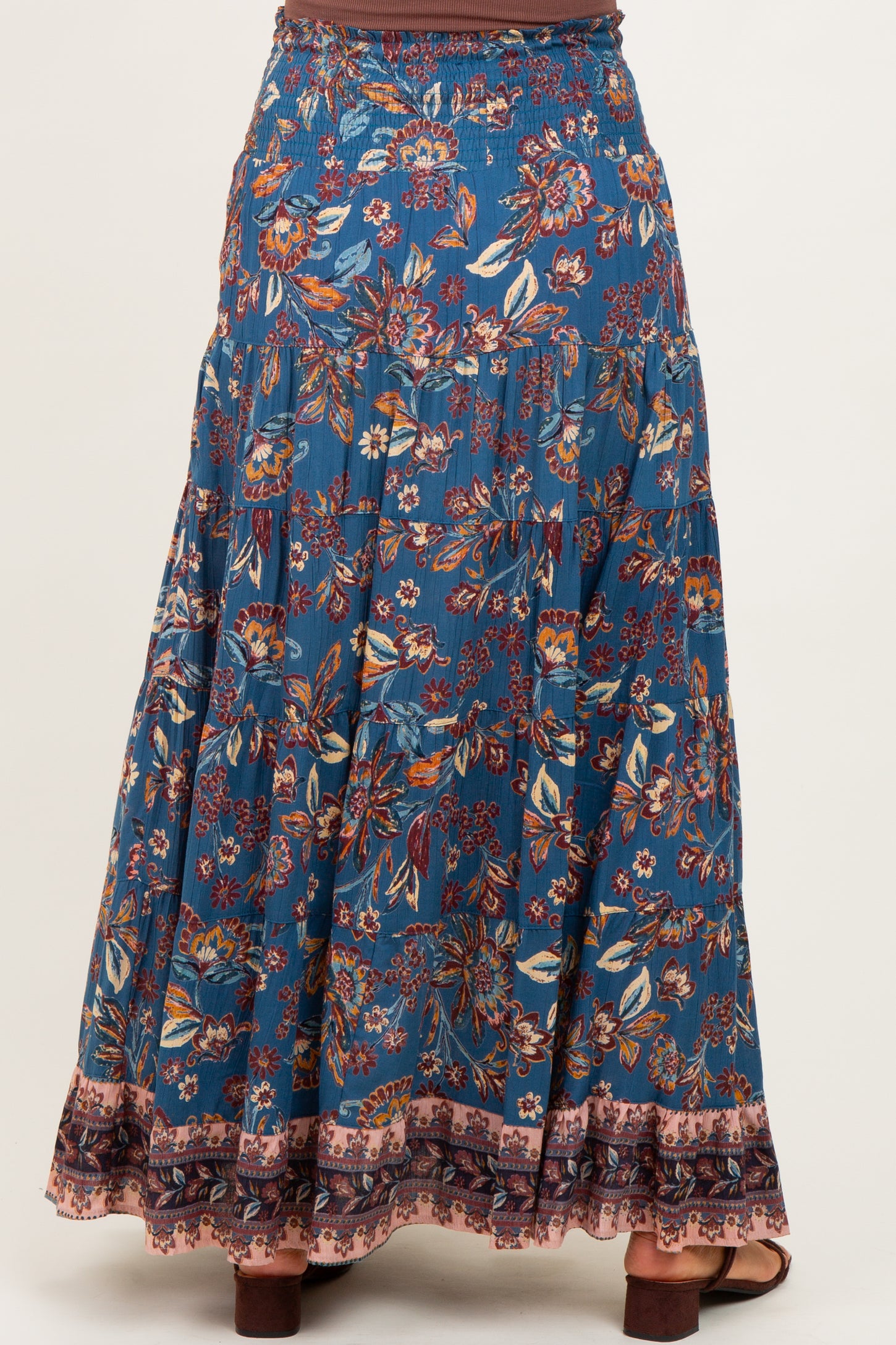 Dark Teal Smocked Waist Tiered Maternity Maxi Skirt