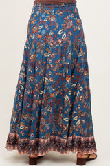 Dark Teal Smocked Waist Tiered Maternity Maxi Skirt