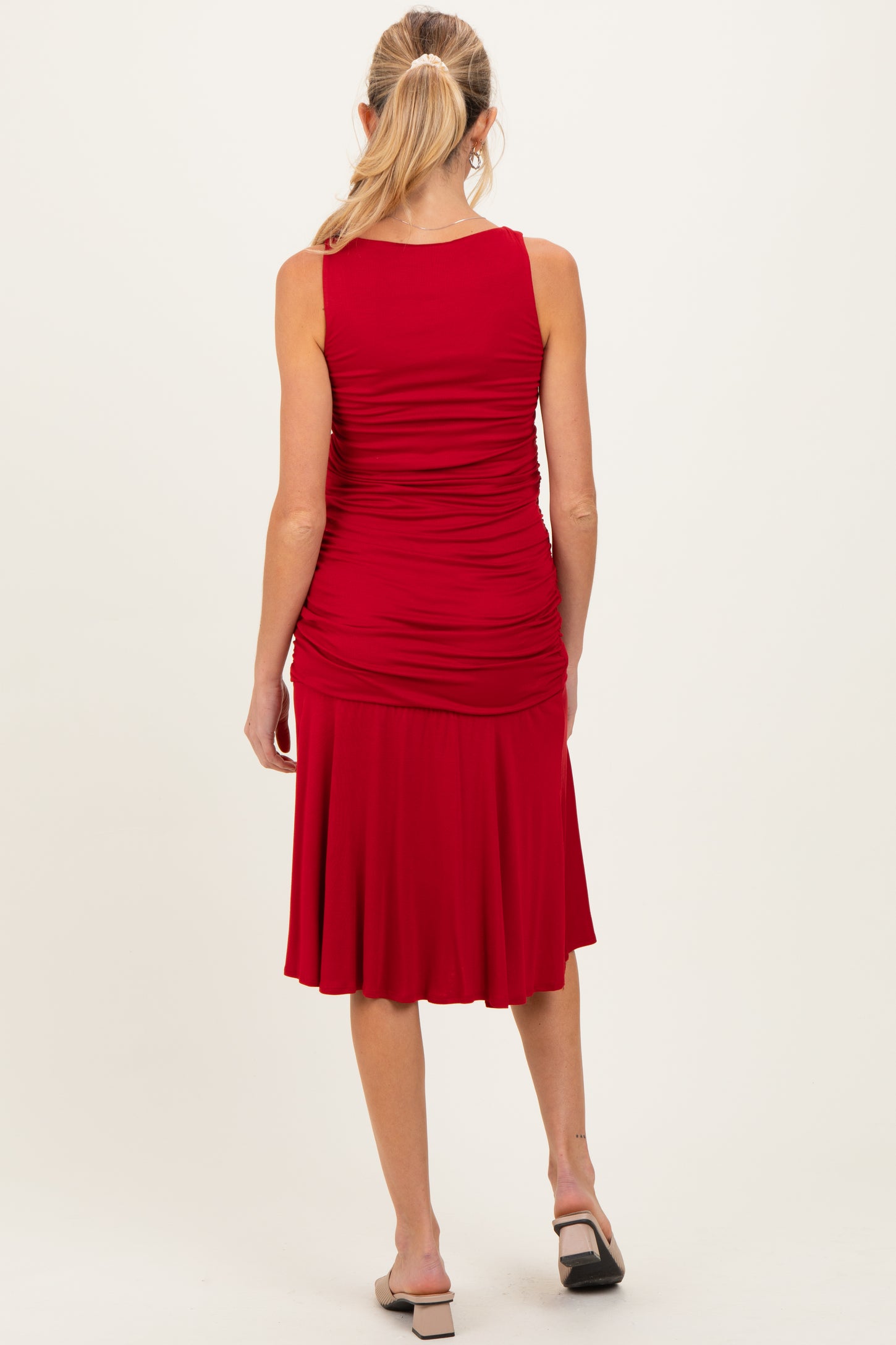 Red Ruched Sleeveless Drop Waist Maternity Midi Dress
