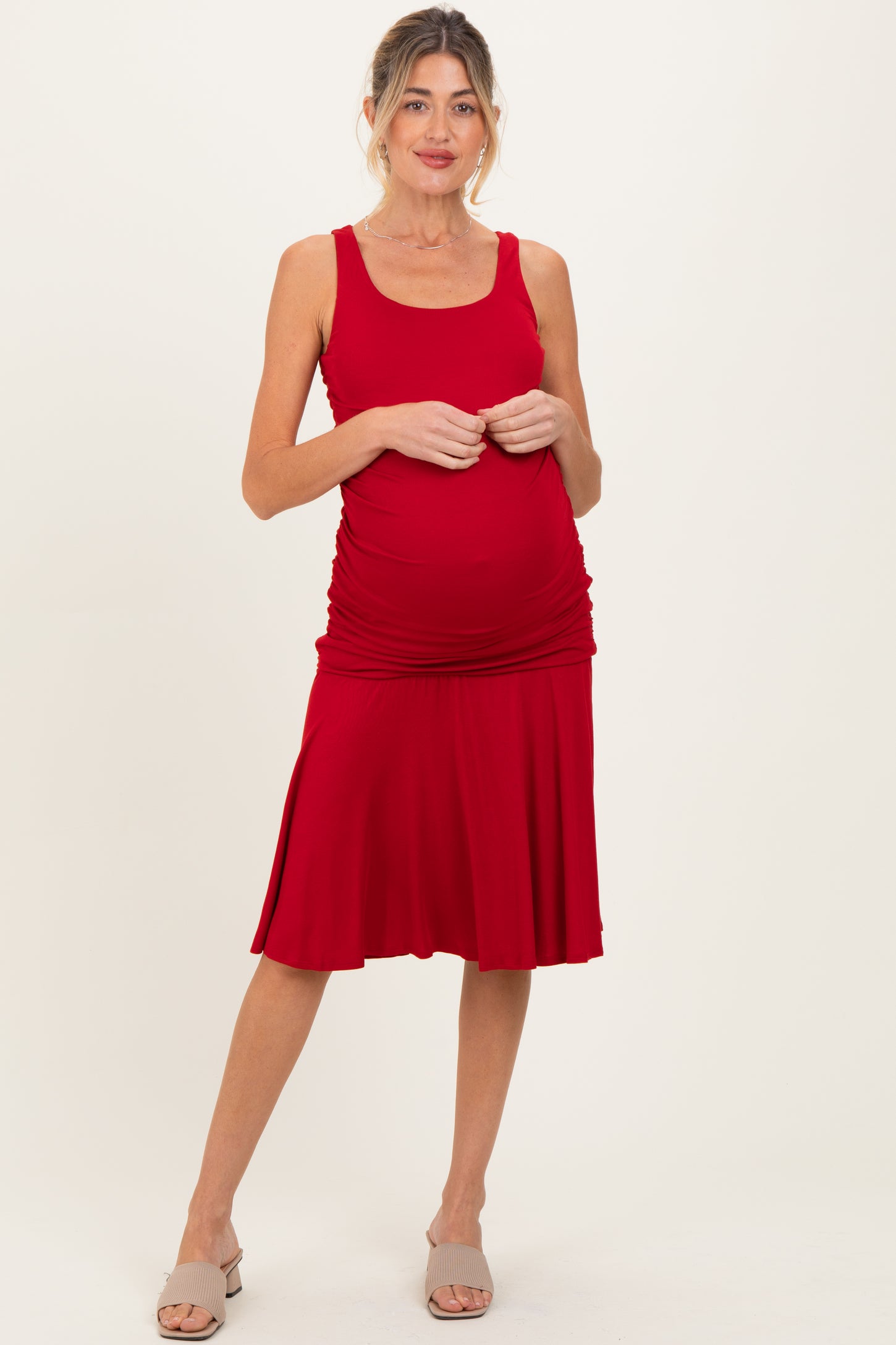 Red Ruched Sleeveless Drop Waist Maternity Midi Dress