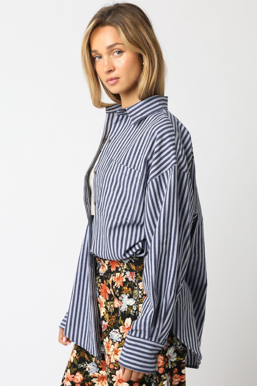 Navy Striped Linen Blend Button Down Shirt