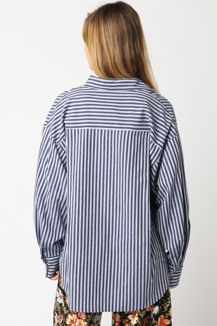 Navy Striped Linen Blend Button Down Shirt