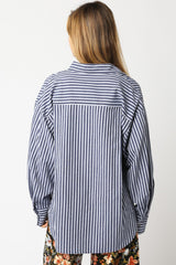 Navy Striped Linen Blend Button Down Shirt