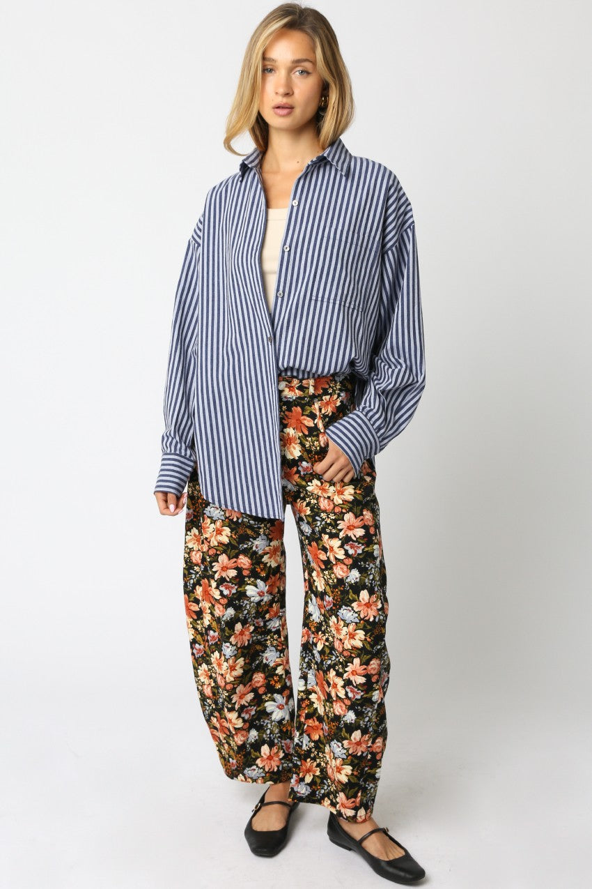 Navy Striped Linen Blend Button Down Shirt