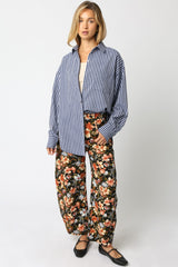 Navy Striped Linen Blend Button Down Shirt