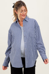 Navy Striped Linen Blend Maternity Button Down Shirt