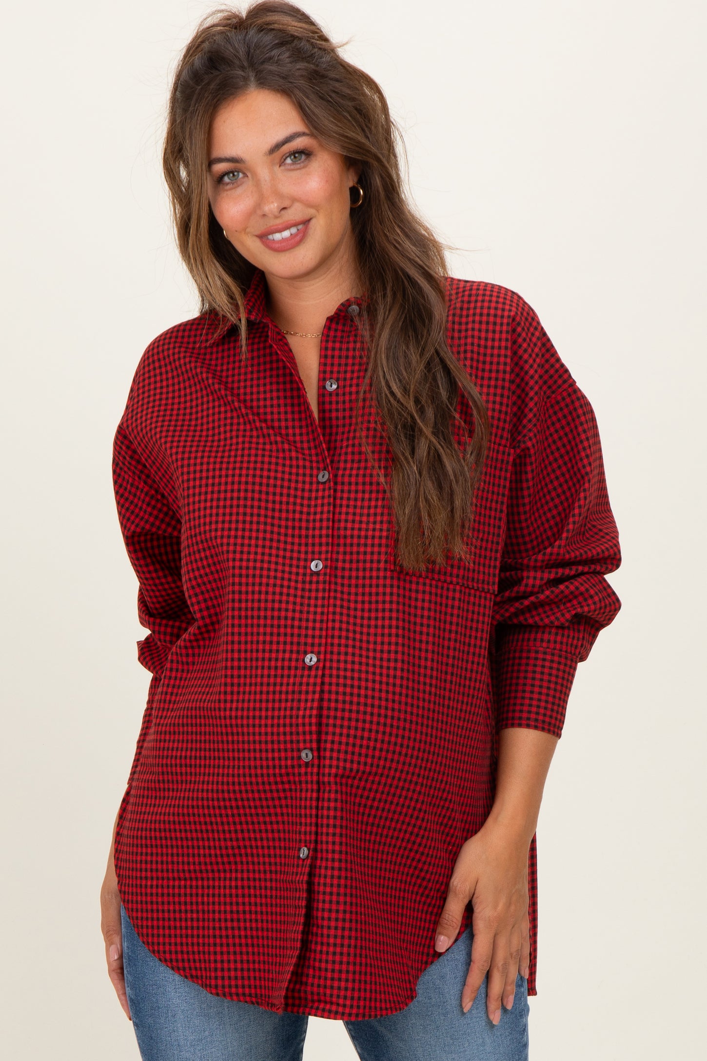 Red Plaid Linen Blend Maternity Button Down Shirt