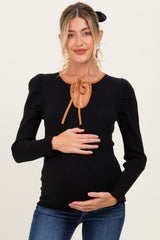 Black Ribbed Knit Cutout Tie Front Maternity Top