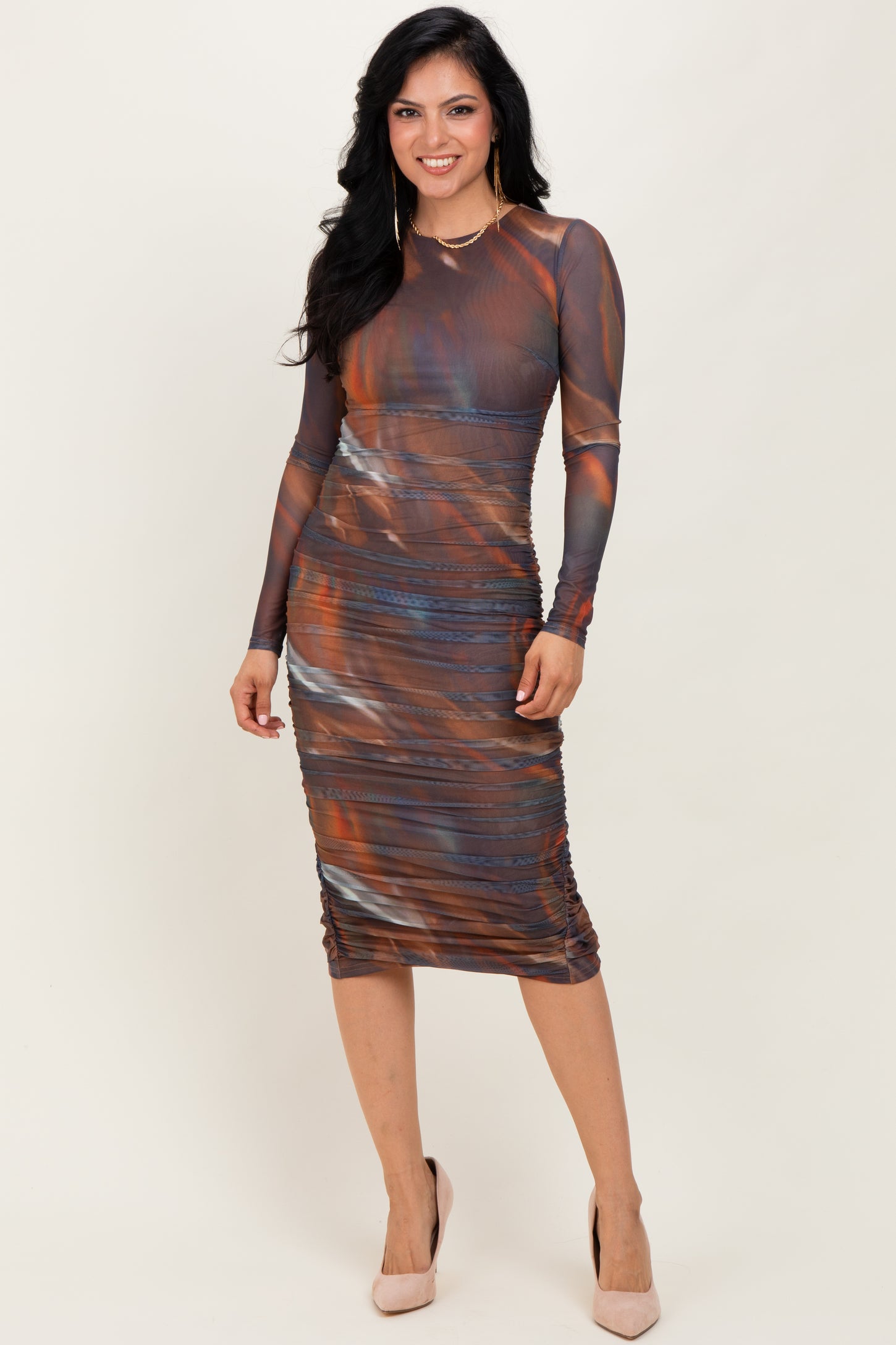 Multicolor Printed Mesh Ruched Long Sleeve Midi Dress
