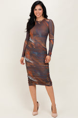 Multicolor Printed Mesh Ruched Long Sleeve Midi Dress