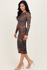 Multicolor Printed Mesh Ruched Long Sleeve Midi Dress