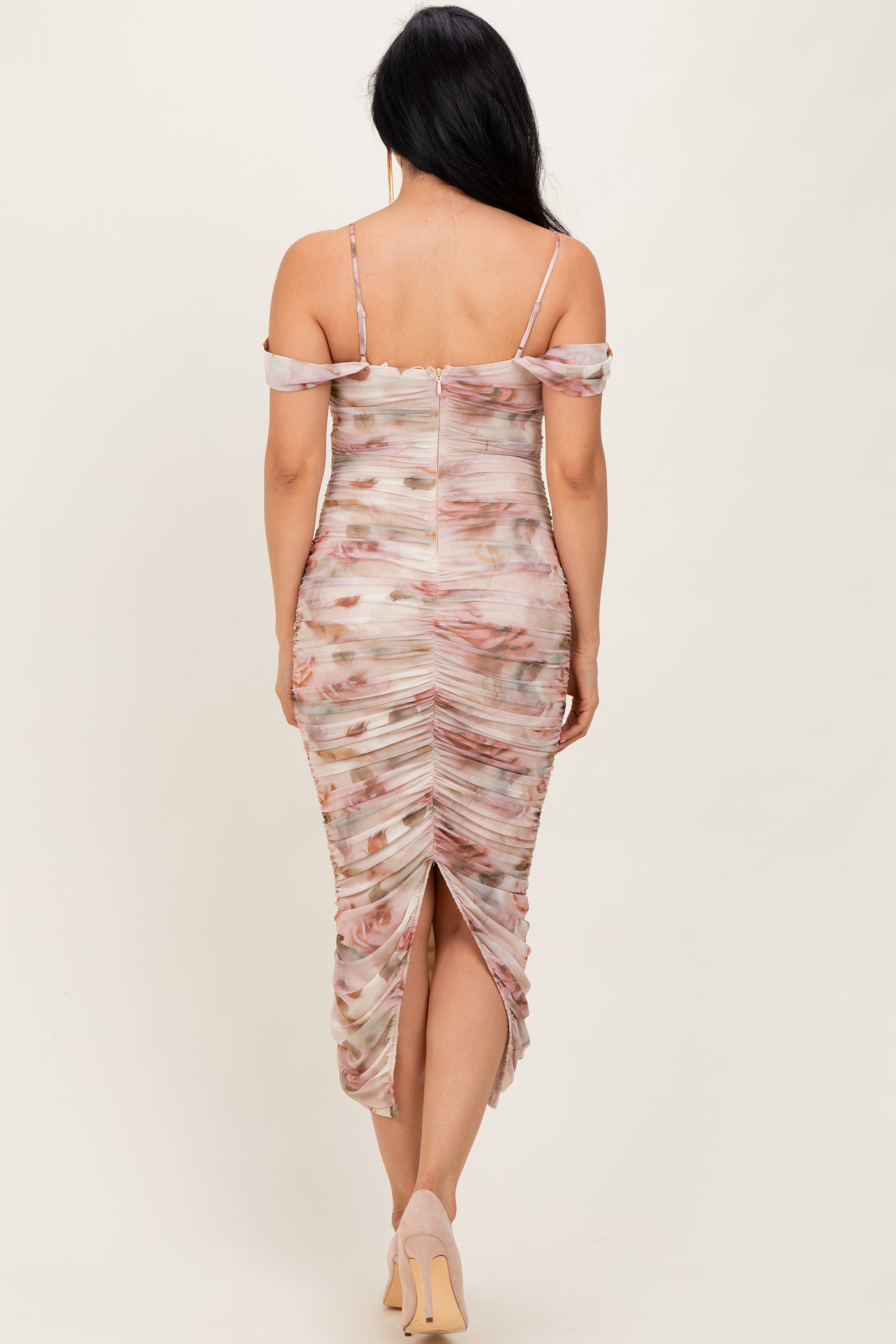 Cream Rose Floral Mesh Ruched Off Shoulder Midi Dress