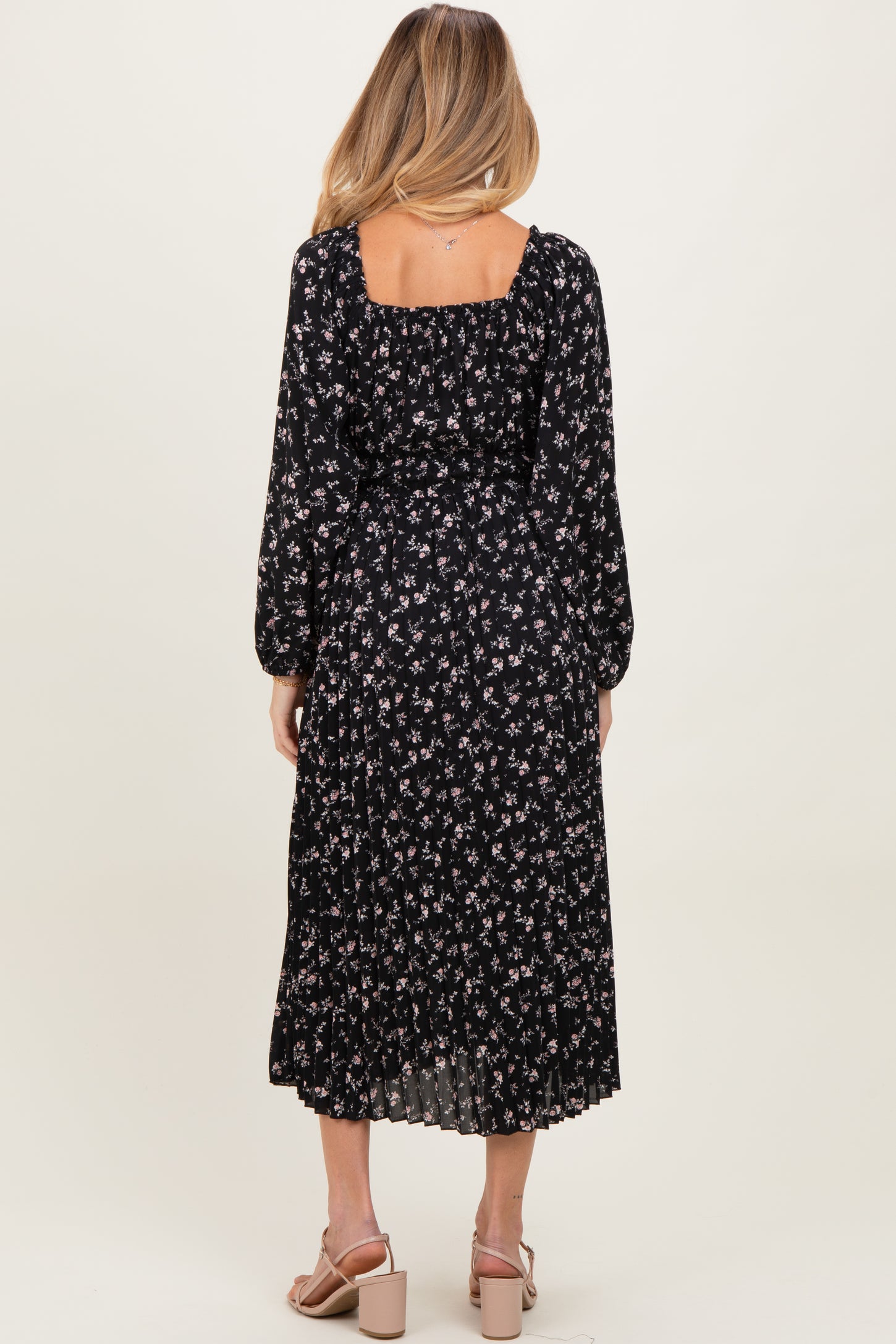 Black Floral Long Sleeve Maternity Midi Dress
