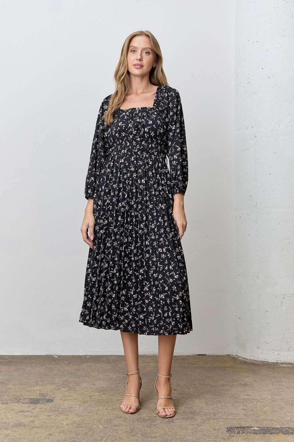 Black Floral Long Sleeve Maternity Midi Dress