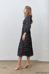 Black Floral Long Sleeve Midi Dress