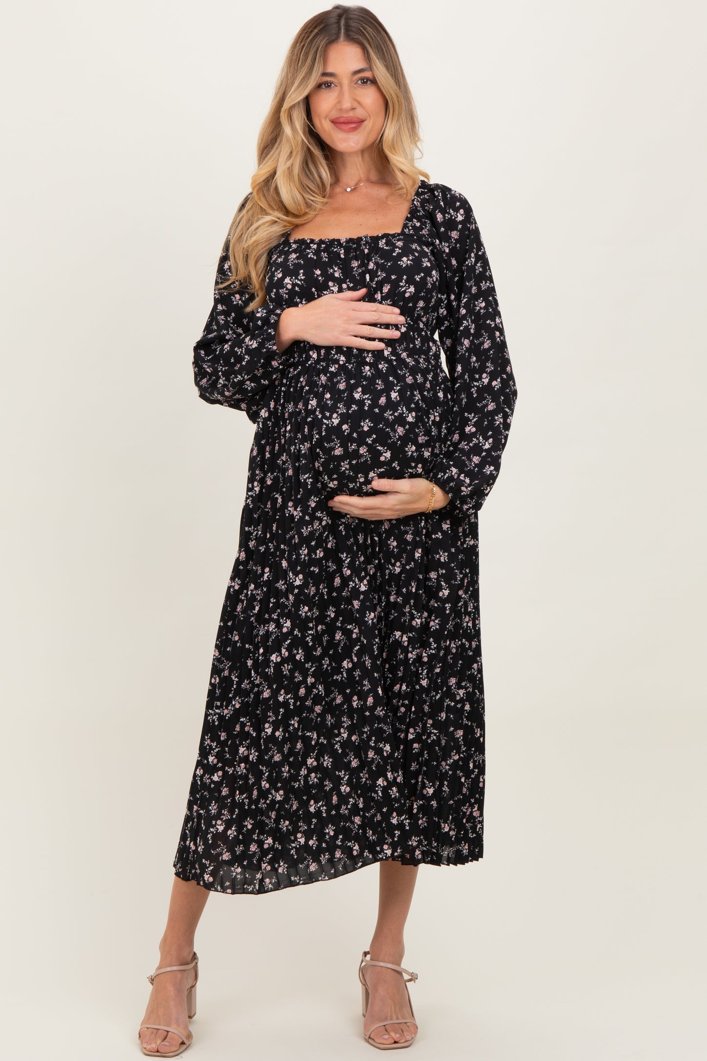 Black Floral Long Sleeve Maternity Midi Dress
