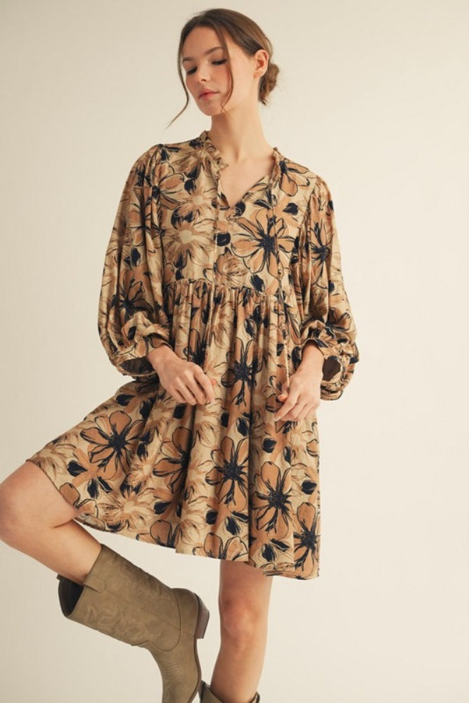 Camel Floral Front Tie Bubble Sleeve Maternity Mini Dress