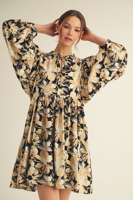 Black Floral Front Tie Bubble Sleeve Mini Dress