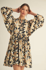 Black Floral Front Tie Bubble Sleeve Mini Dress