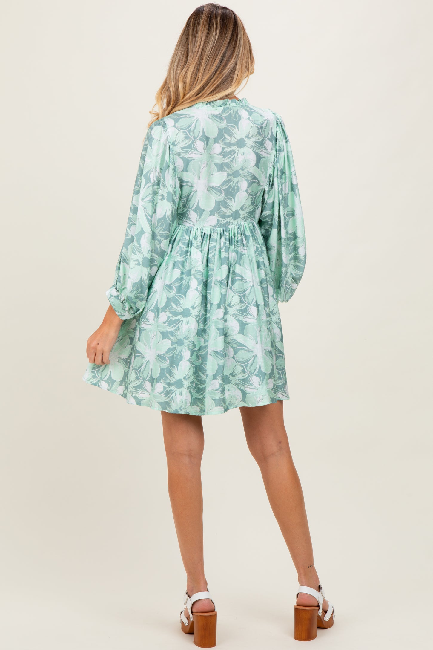 Light Olive Floral Front Tie Bubble Sleeve Maternity Mini Dress