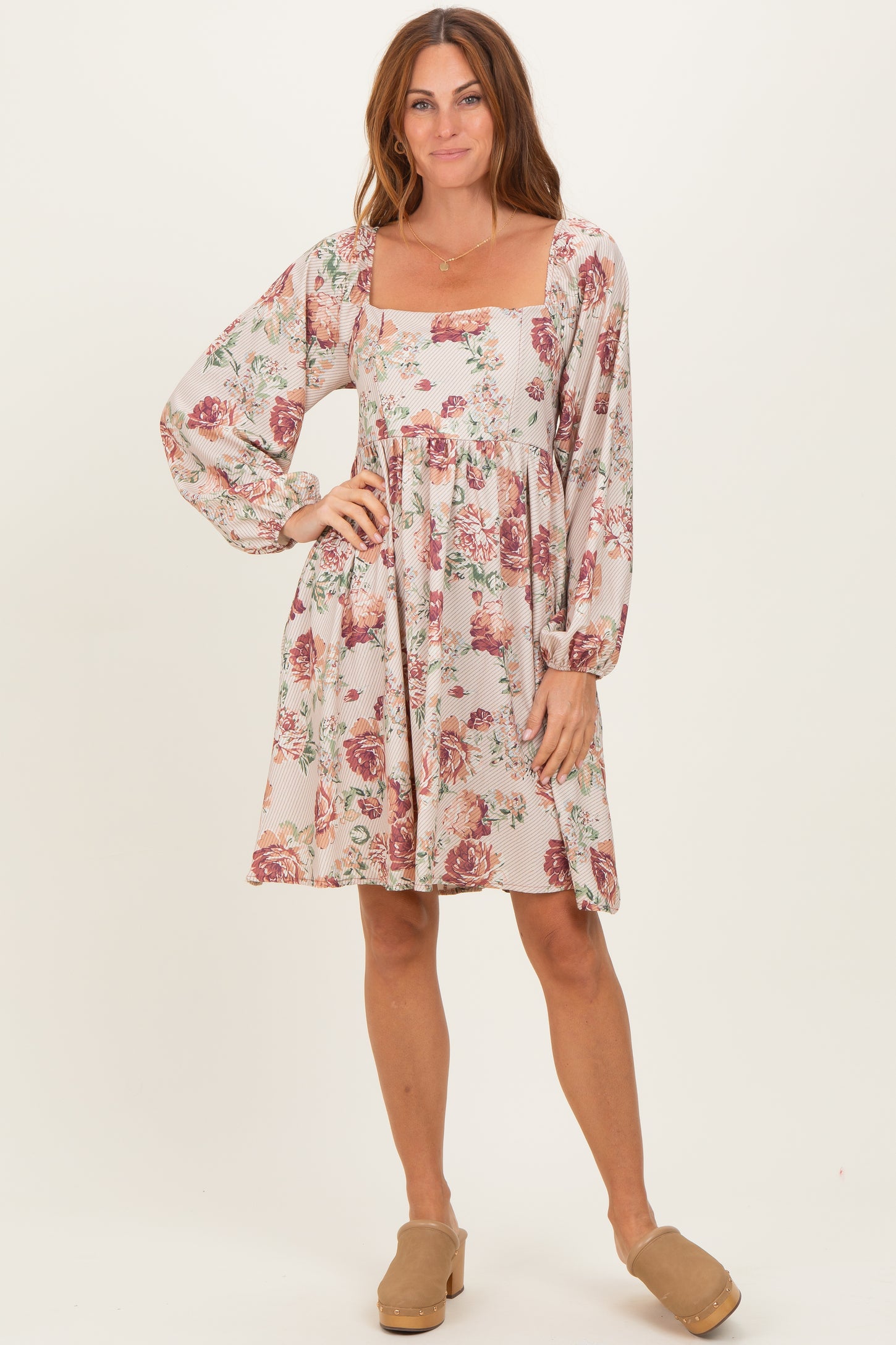 Cream Rose Floral Long Sleeve Maternity Dress