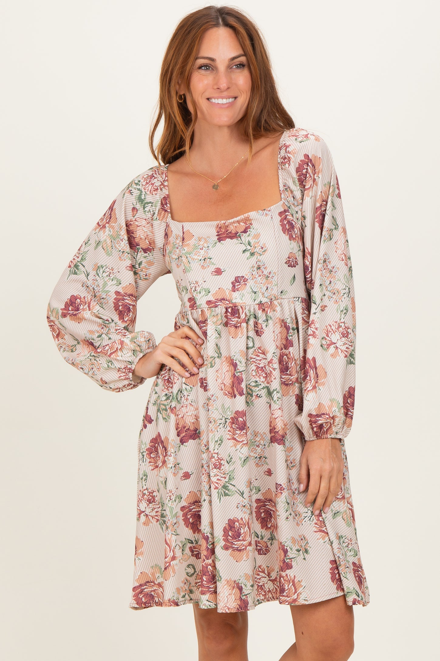 Cream Rose Floral Long Sleeve Dress