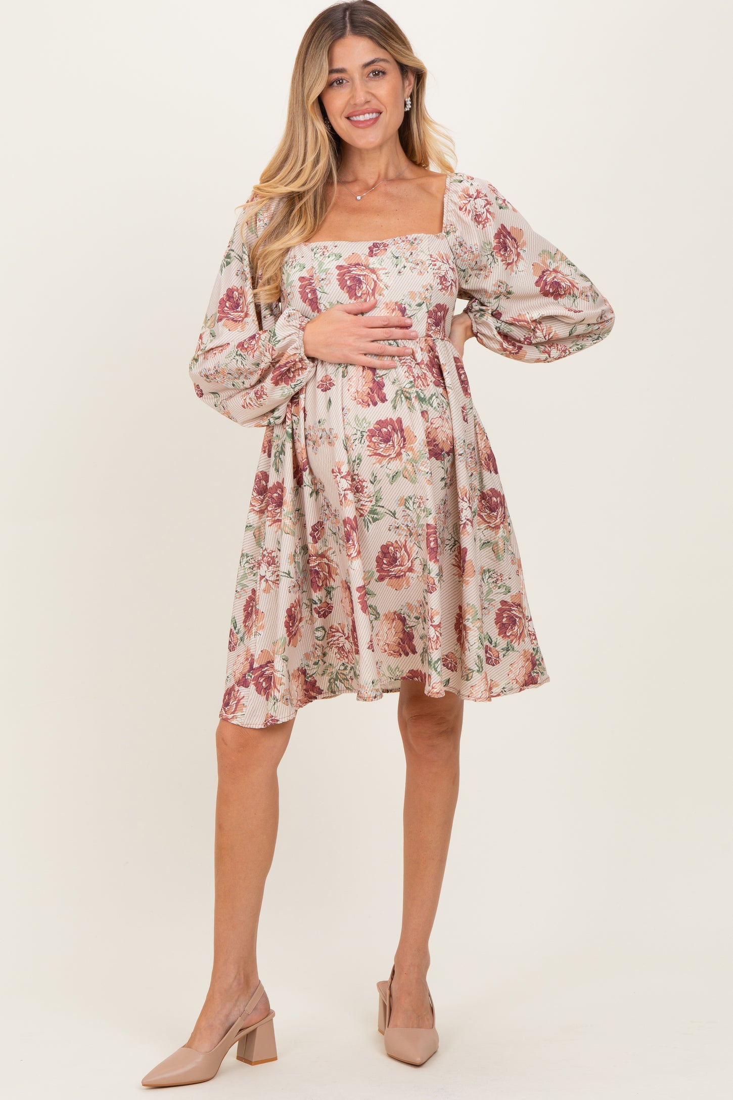Cream Rose Floral Long Sleeve Maternity Dress