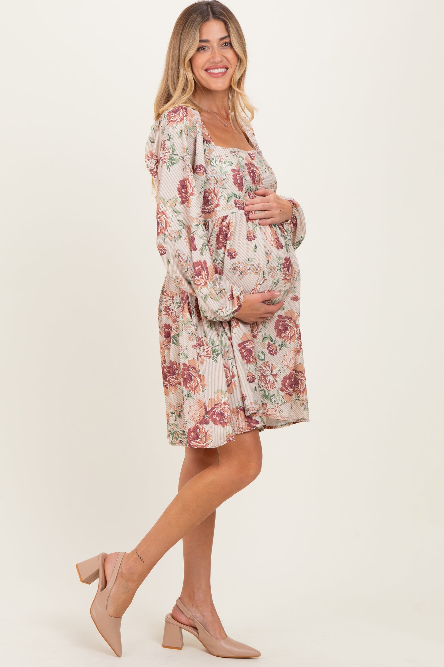 Cream Rose Floral Long Sleeve Maternity Dress