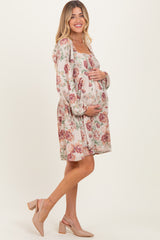 Cream Rose Floral Long Sleeve Maternity Dress