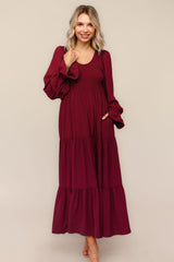 Burgundy Smocked Tiered Long Sleeve Maternity Maxi Dress