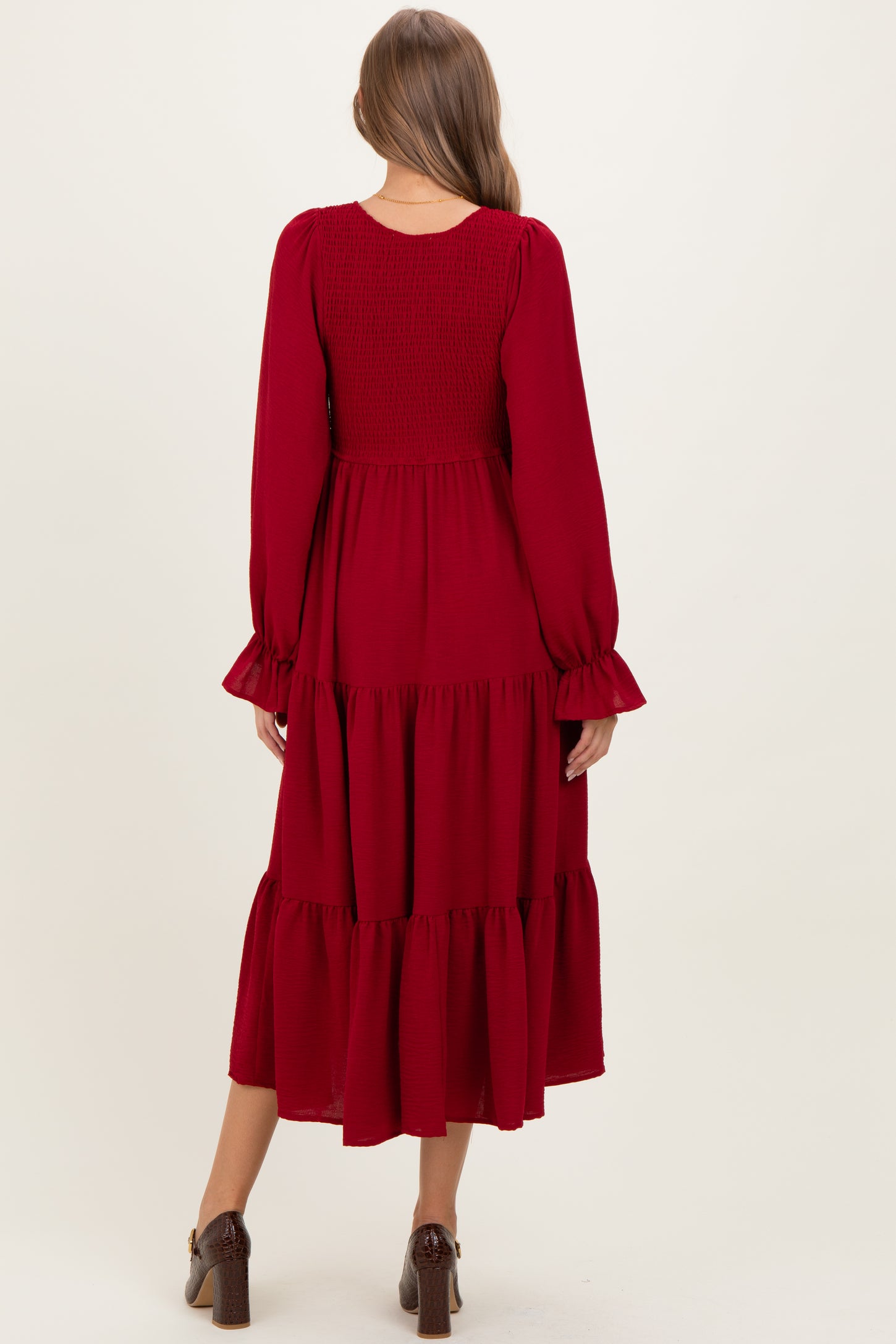 Burgundy Smocked Tiered Long Sleeve Maternity Maxi Dress