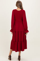 Burgundy Smocked Tiered Long Sleeve Maternity Maxi Dress