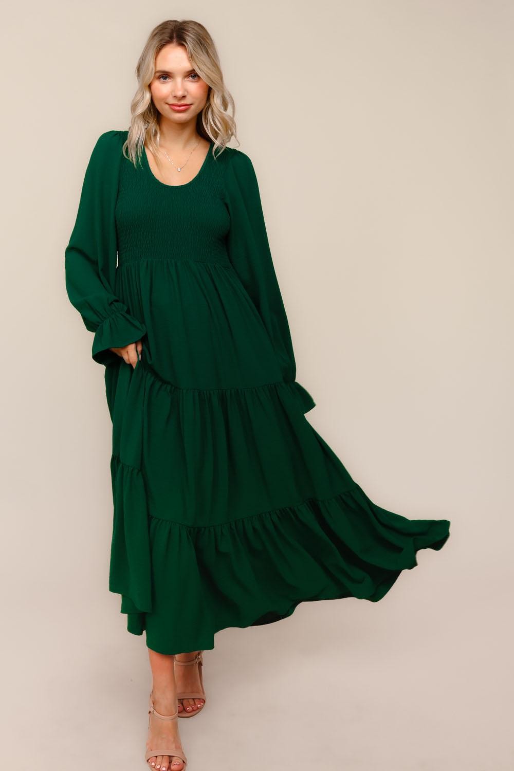 Forest Green Smocked Tiered Long Sleeve Maternity Maxi Dress