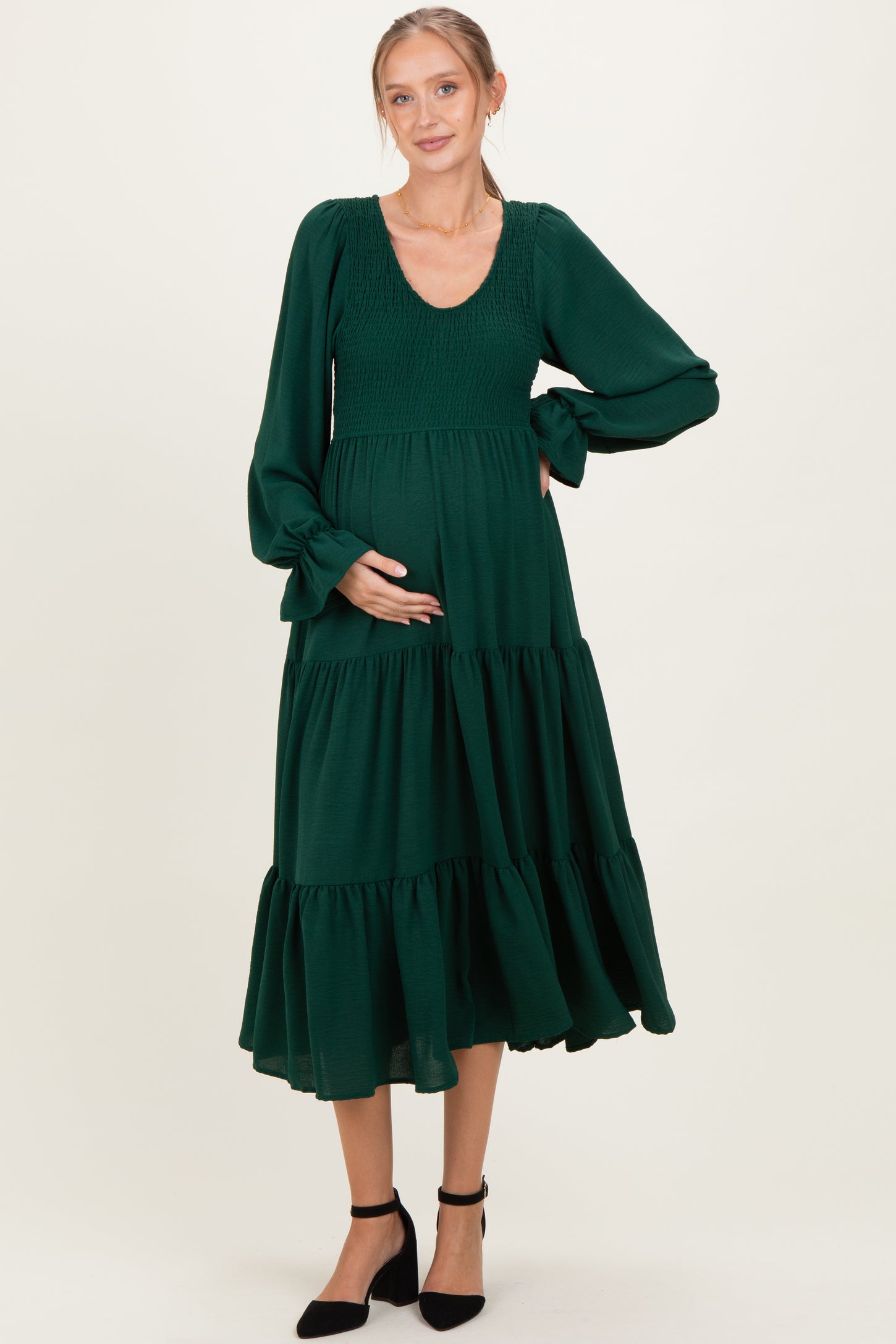 Forest Green Smocked Tiered Long Sleeve Maternity Maxi Dress