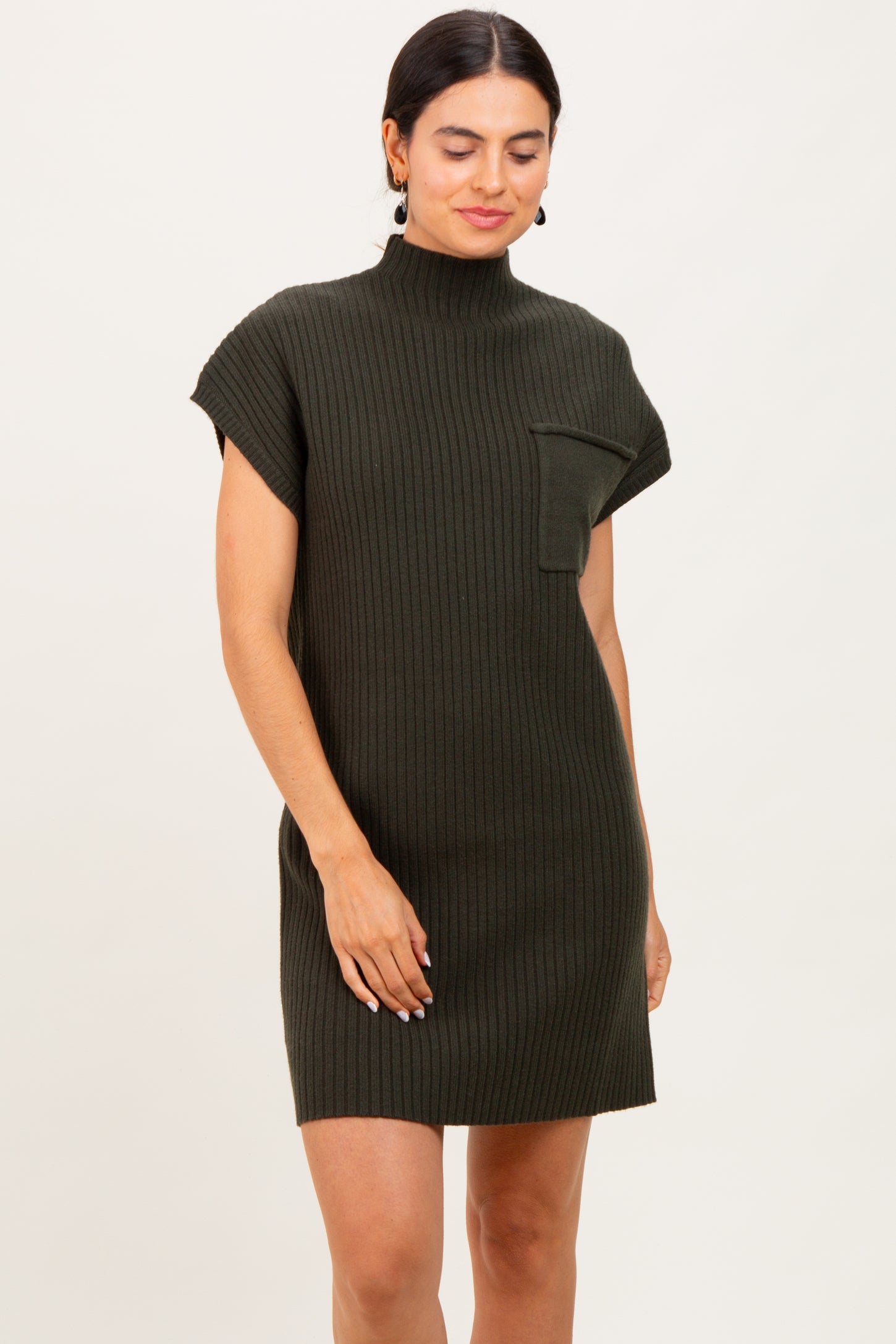 Olive Ribbed Knit Maternity Short Sleeve Sweater Dress