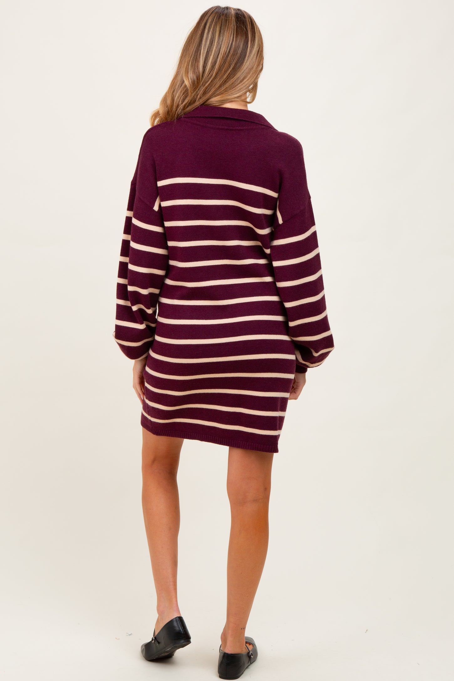 Burgundy Striped Knit Maternity Polo Sweater Dress