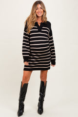 Black Striped Knit Maternity Polo Sweater Dress