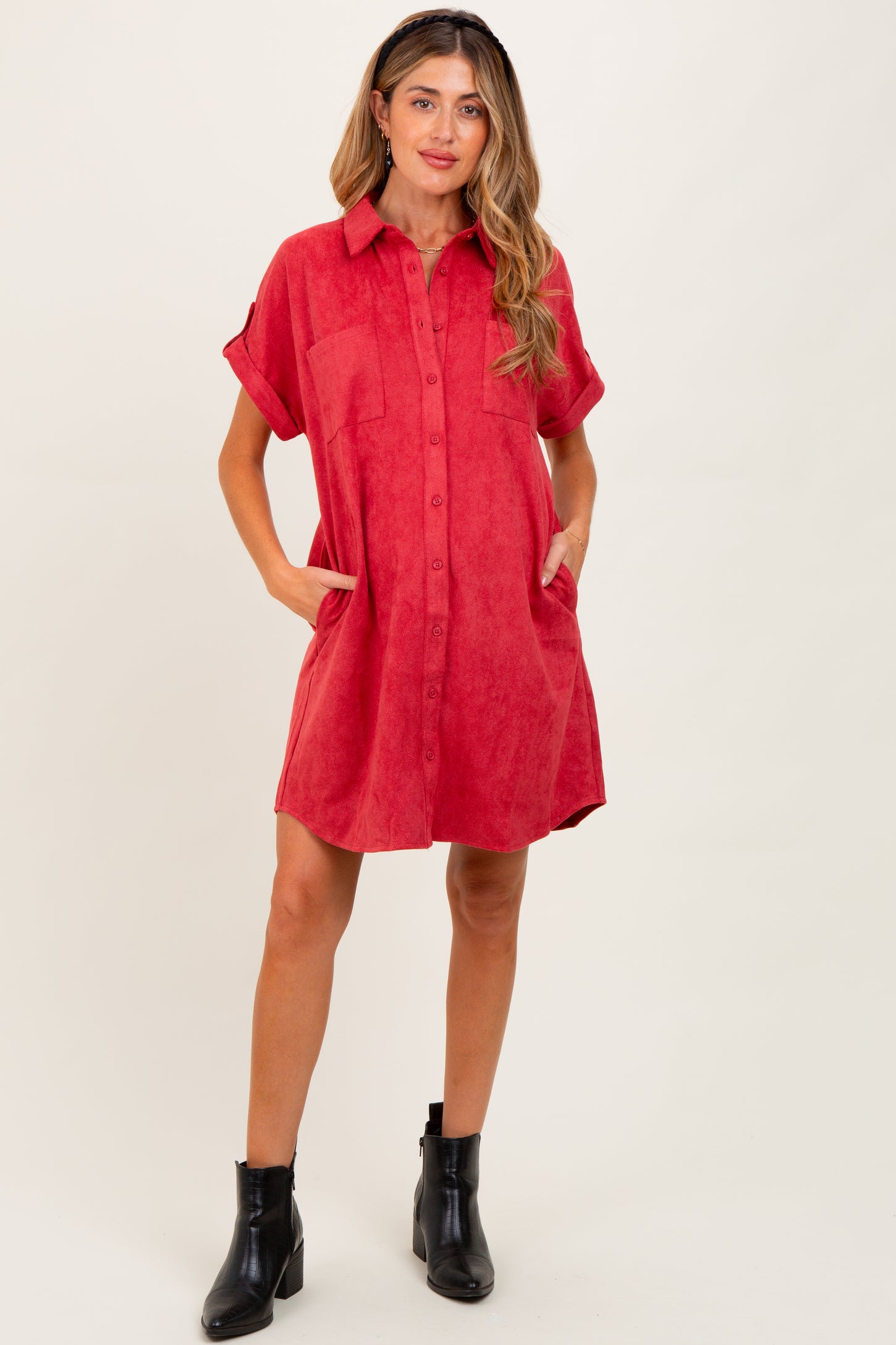 Rust Faux Suede Button Down Maternity Shirt Dress