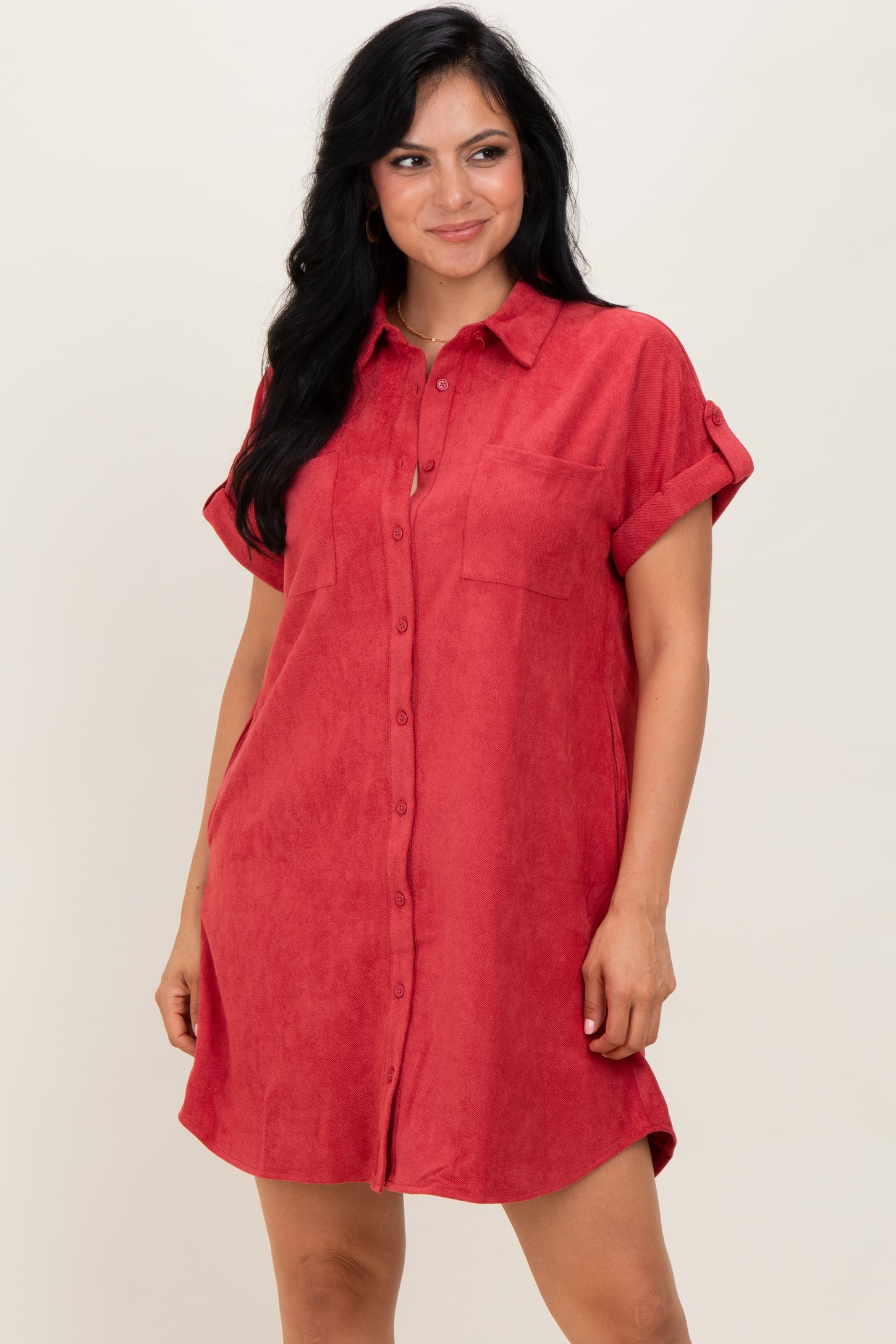 Rust Faux Suede Button Down Maternity Shirt Dress