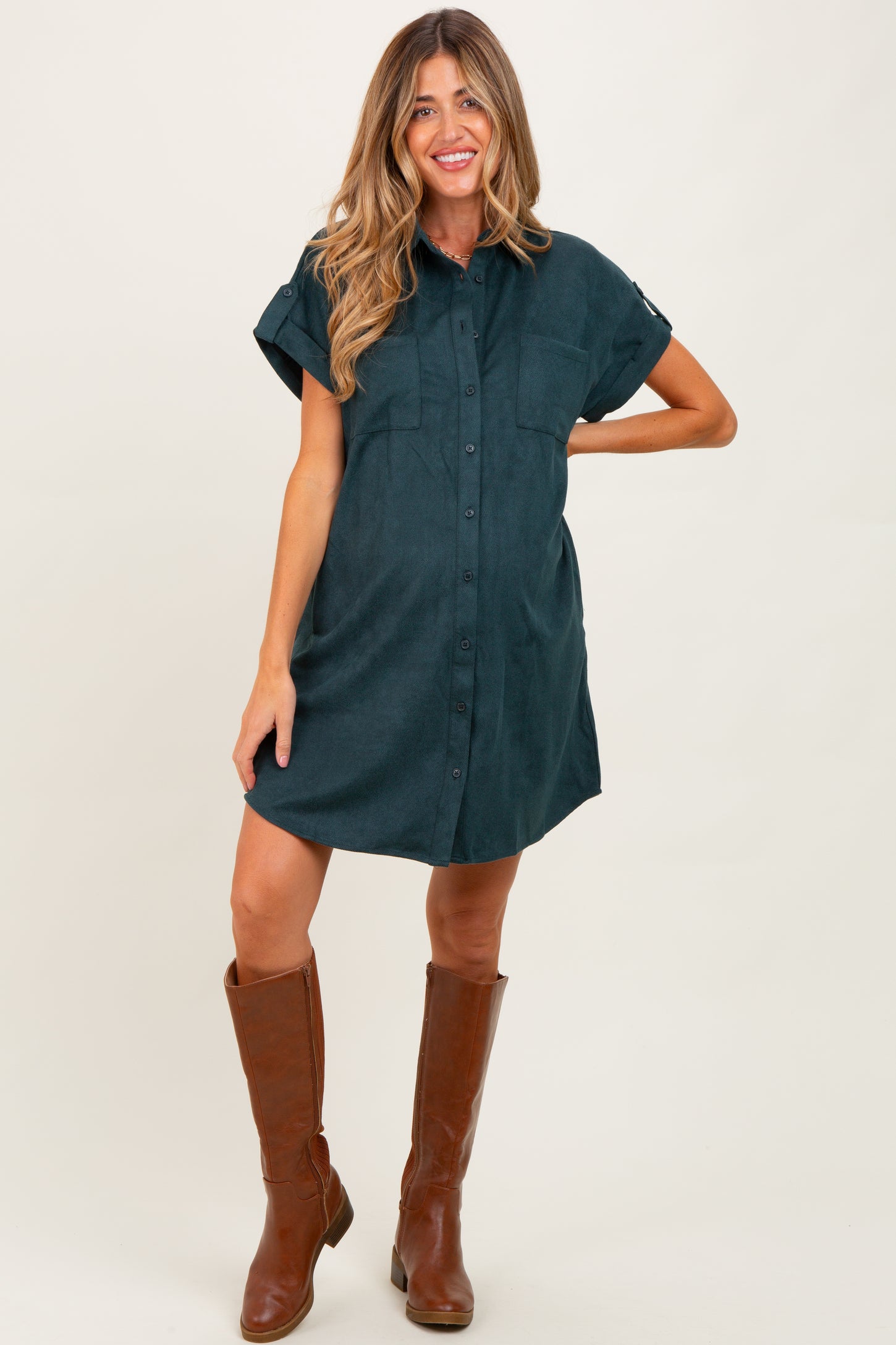 Forest Green Faux Suede Button Down Maternity Shirt Dress