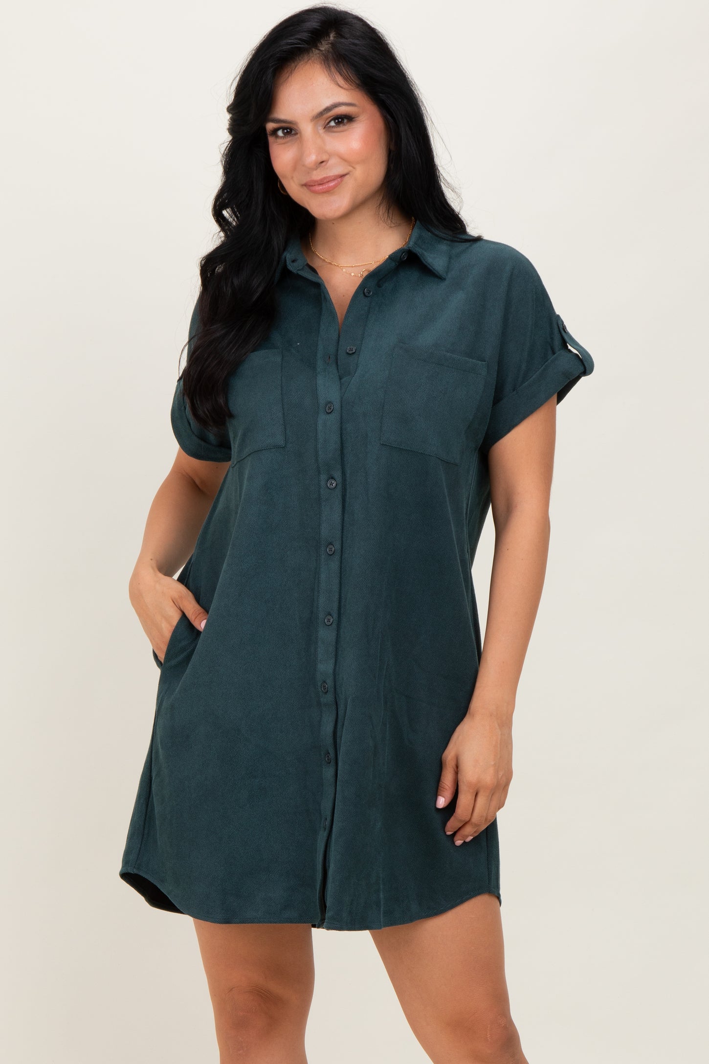 Forest Green Faux Suede Button Down Shirt Dress