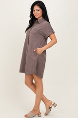 Mocha Faux Suede Button Down Shirt Dress