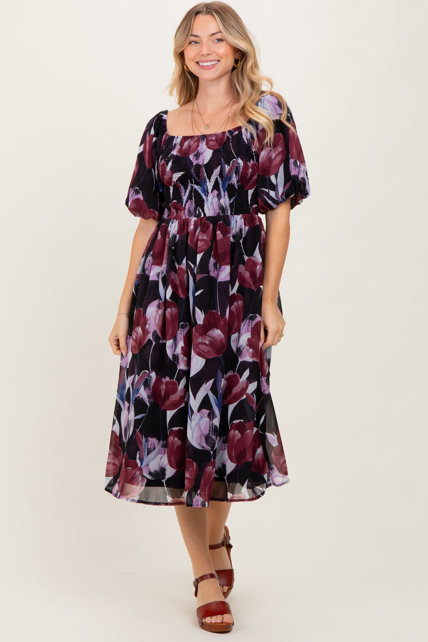 Plum Tulip Floral Smocked Puff Sleeve Maternity Midi Dress