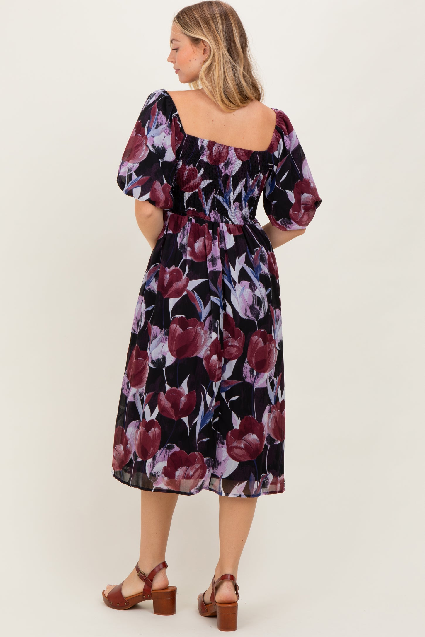 Plum Tulip Floral Smocked Puff Sleeve Midi Dress